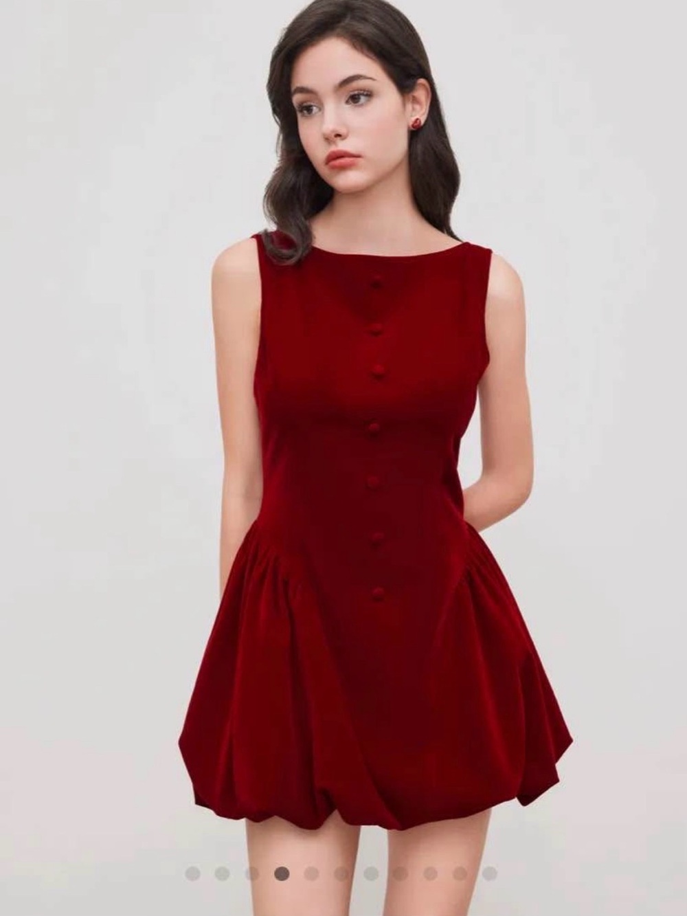 Red velvet ruffle hem dress